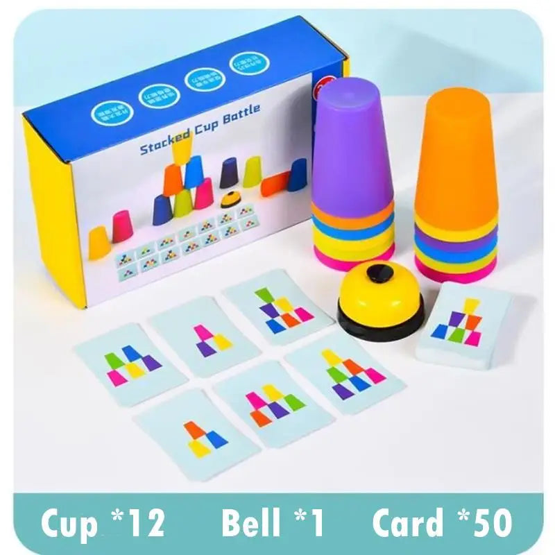 Jogo Montessori de Copos Empilháveis – Desafio de Cores e Lógica