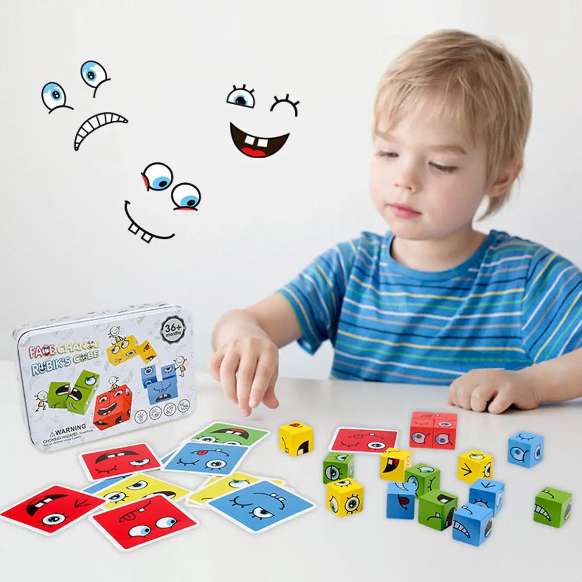 Jogo das Emoções Montessori – Cubos de Expressões em Madeira