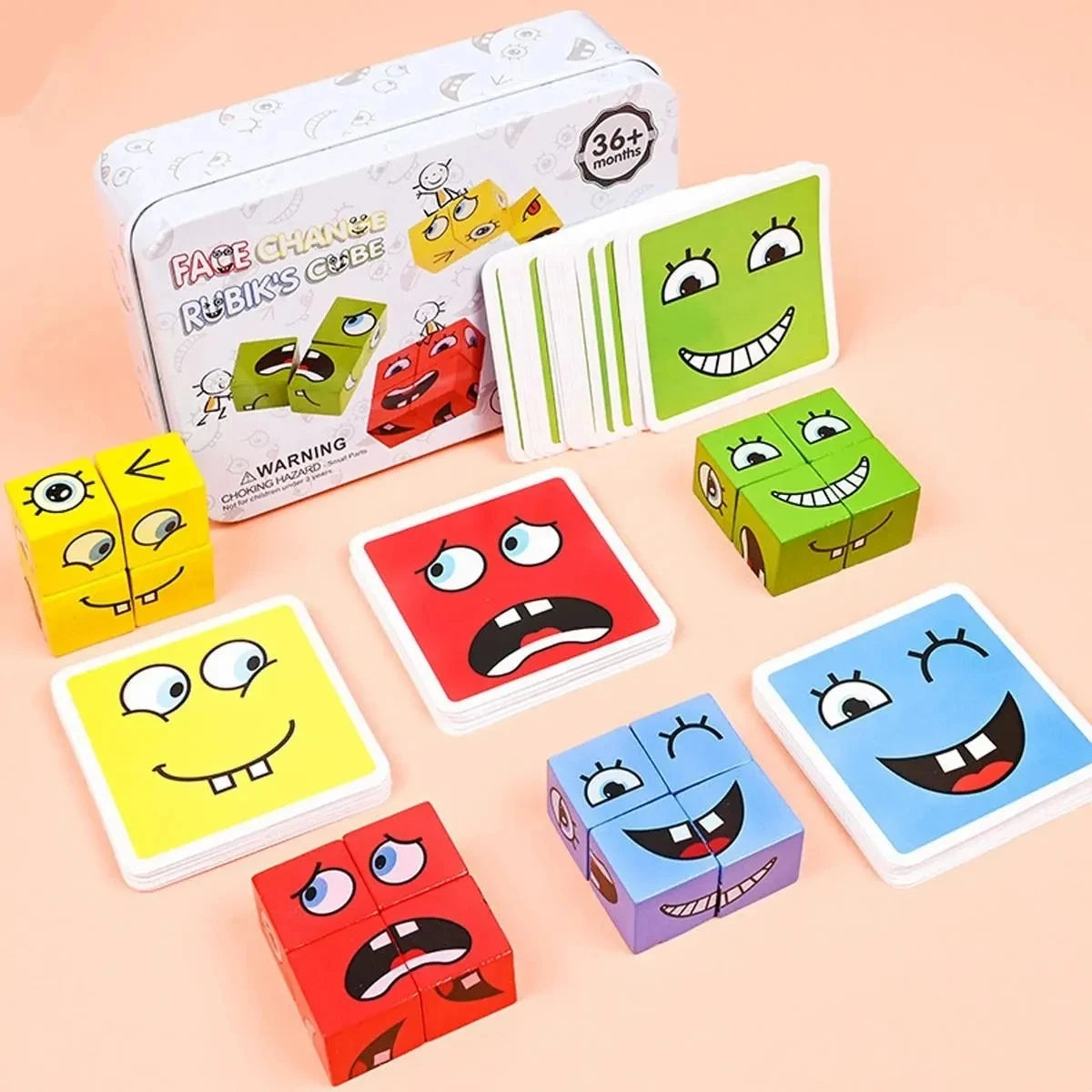 Jogo das Emoções Montessori – Cubos de Expressões em Madeira