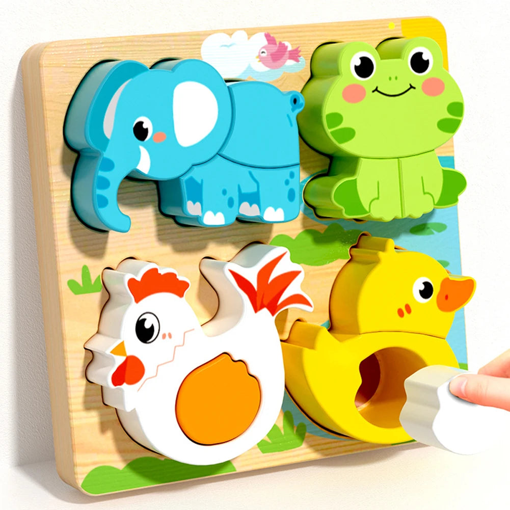Kit Montessori 4 em 1 de Madeira – Quebra-Cabeça Animal Cognitivo 3D