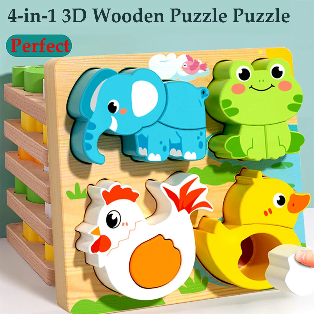 Kit Montessori 4 em 1 de Madeira – Quebra-Cabeça Animal Cognitivo 3D