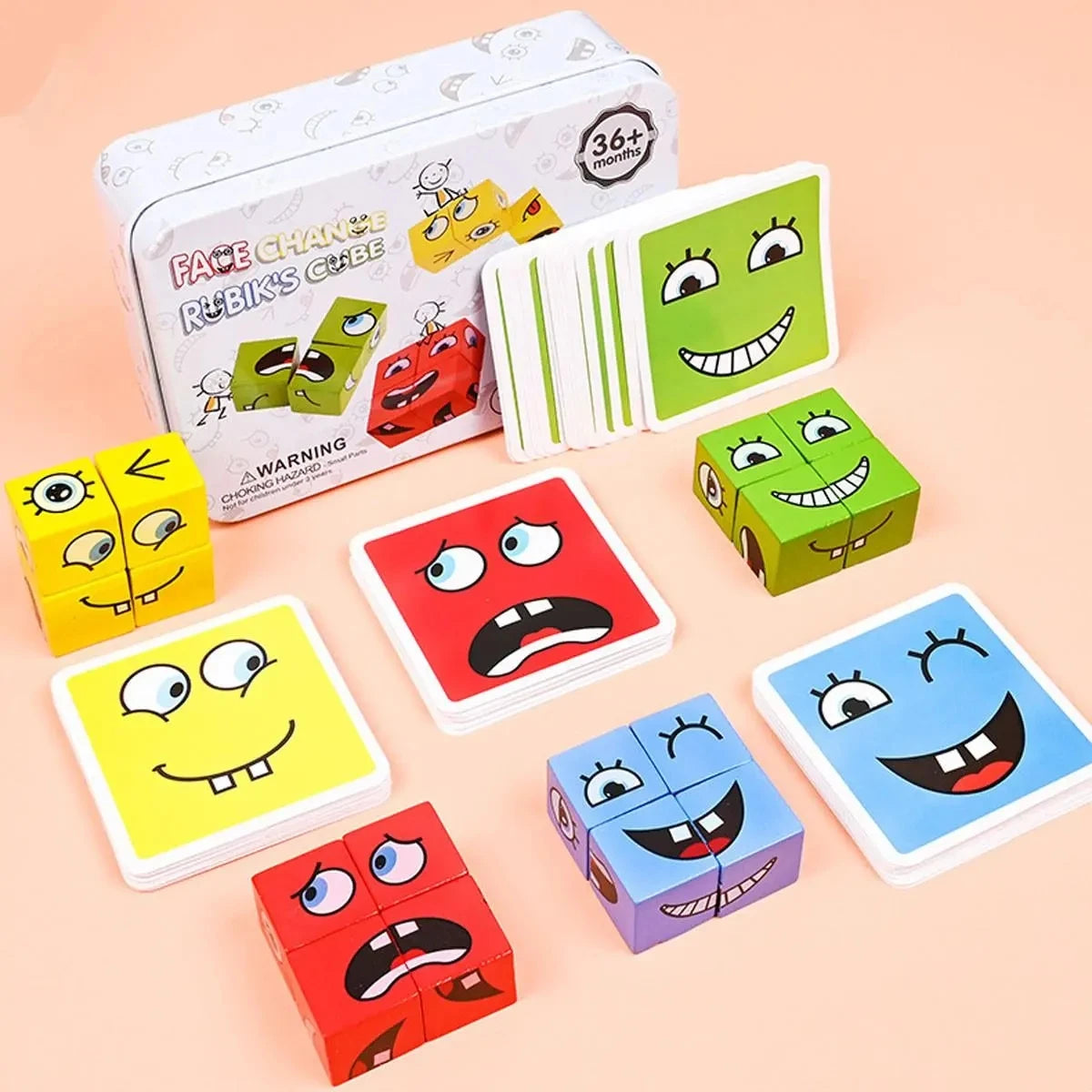 Jogo das Emoções Montessori – Cubos de Expressões em Madeira